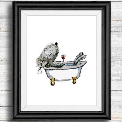 Whimsical, quirky dog art print - dog in bath drinking wine , A4