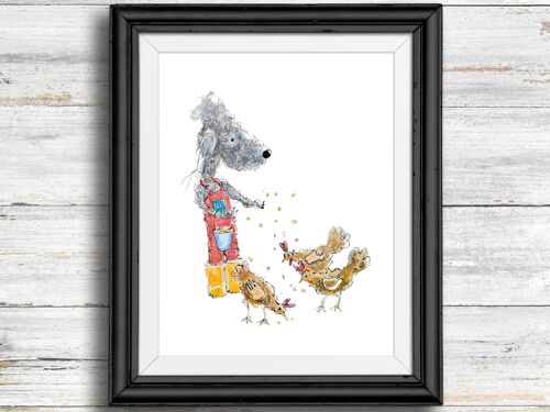 Whimsical, quirky dog art print - dog feeding chickens , A4