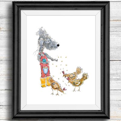 Whimsical, quirky dog art print - dog feeding chickens , A4