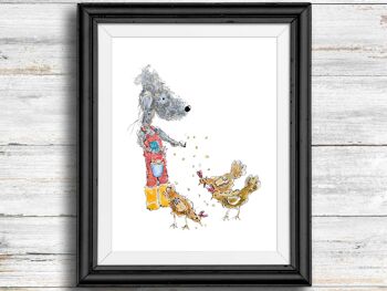 Impression d'art de chien fantaisiste et excentrique - chien nourrissant des poulets, A5 1