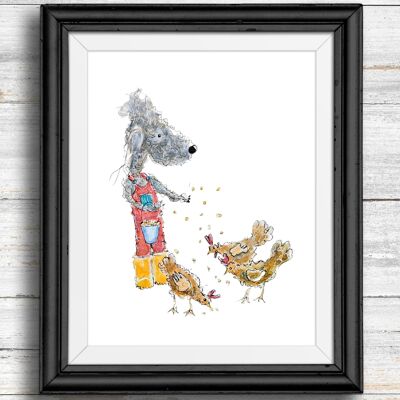 Whimsical, quirky dog art print - dog feeding chickens , A5