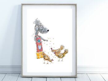 Impression d'art de chien fantaisiste et excentrique - chien nourrissant des poulets, A5 3