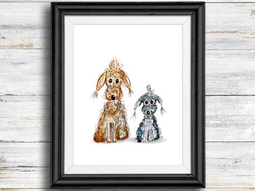 Whimsical, quirky dog art print -grey and brown cute dogs , A4
