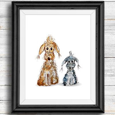 Whimsical, quirky dog art print -grey and brown cute dogs , A5