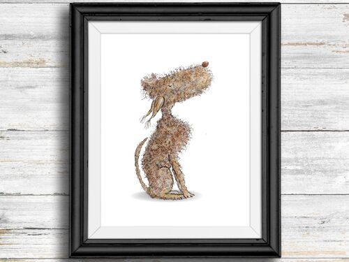 Whimsical, quirky dog art print, brown dog looking up , A4