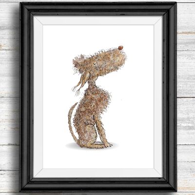 Whimsical, quirky dog art print, brown dog looking up , A4