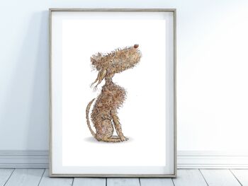 Impression d'art de chien fantaisiste et excentrique, chien brun regardant vers le haut, A4 3