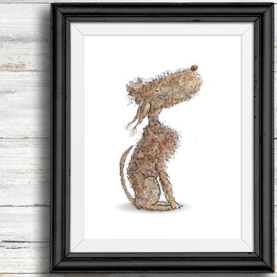 Whimsical, quirky dog art print, brown dog looking up , A5