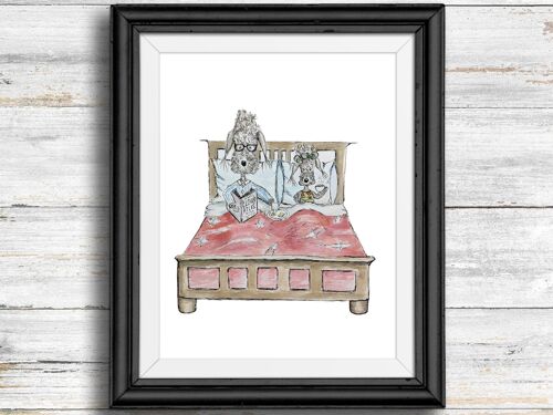 Whimsical, quirky dog art print - dogs sitting in bed on a lazy Sunday morning , A4
