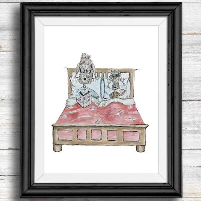 Whimsical, quirky dog art print - dogs sitting in bed on a lazy Sunday morning , A5