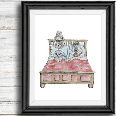 Whimsical, quirky dog art print - dogs sitting in bed on a lazy Sunday morning , A5