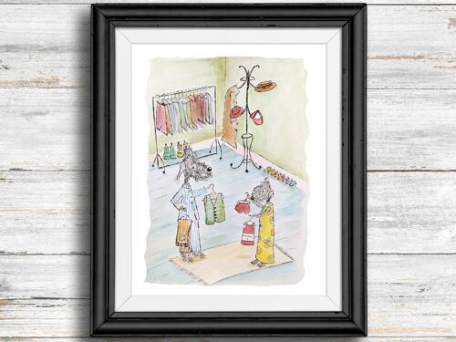 Whimsical, quirky dog art print - dogs in the dressing room , A5
