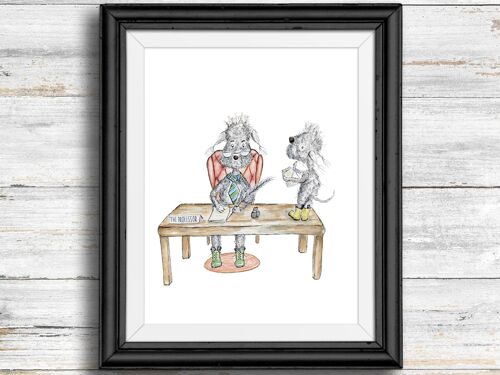 Whimsical, quirky dog art print - dogs in their office working , A5