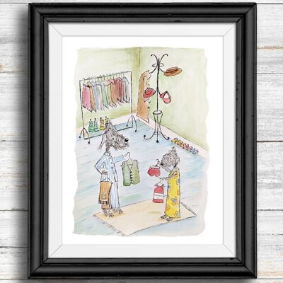 Whimsical, quirky dog art print - dogs in the dressing room , A4