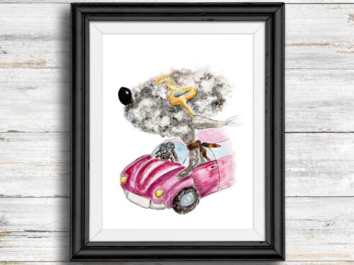Whimsical, quirky dog art print- dogs in pink car , A4