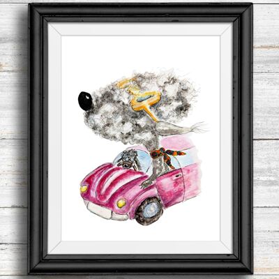 Whimsical, quirky dog art print- dogs in pink car , A4