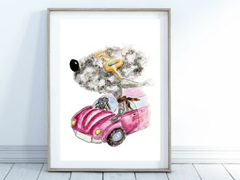 Impression d'art de chien fantaisiste et excentrique - chiens en voiture rose, A4 3