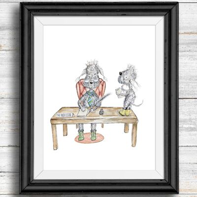 Whimsical, quirky dog art print - dogs in their office working , A4
