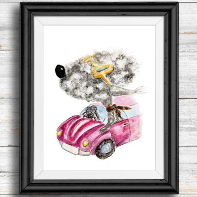 Whimsical, quirky dog art print- dogs in pink car , A5