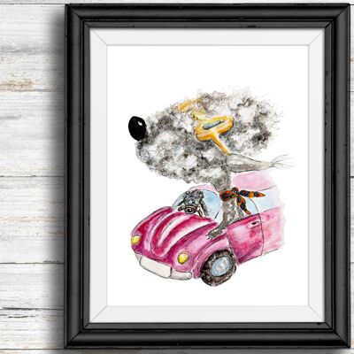Skurriler, schrulliger Hunde-Kunstdruck – Hunde im rosa Auto, A5