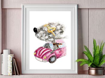 Impression d'art de chien fantaisiste et excentrique - chiens en voiture rose, A5 2