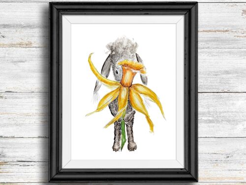 Whimsical, quirky dog art print - dog holding daffodil , A4