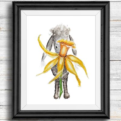 Whimsical, quirky dog art print - dog holding daffodil , A5