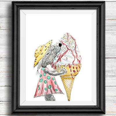 Whimsical, quirky dog art print - dog eating icecream , A4