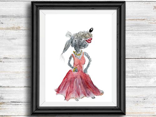 Whimsical, quirky dog art print - dog in a red dress , A5