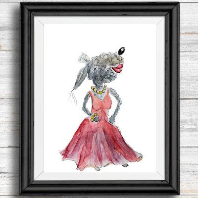 Skurriler, schrulliger Hunde-Kunstdruck – Hund in einem roten Kleid, A5