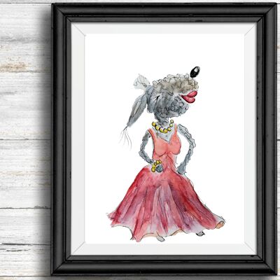 Whimsical, quirky dog art print - dog in a red dress , A4