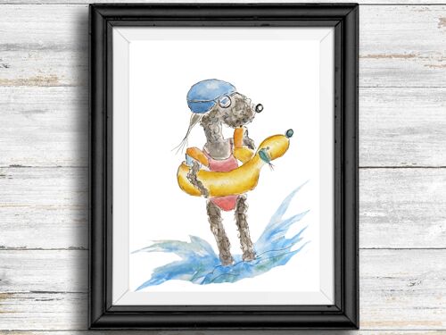 Whimsical, quirky dog art print - dog on the beach , A4