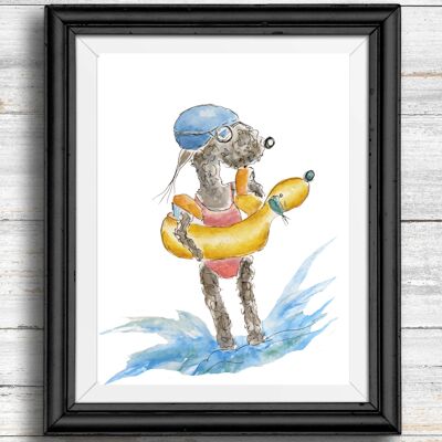 Whimsical, quirky dog art print - dog on the beach , A4