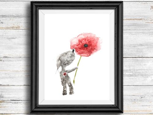 Whimsical, quirky dog art print - dog holding a poppy , A4