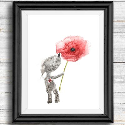 Skurriler, schrulliger Hunde-Kunstdruck – Hund hält eine Mohnblume, A4