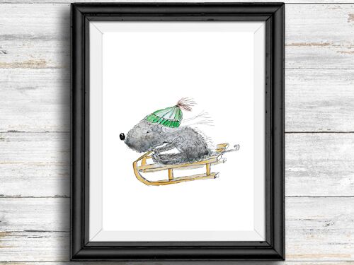 Whimsical, quirky dog art print - dog on a sled , A4