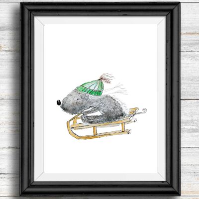 Whimsical, quirky dog art print - dog on a sled , A5