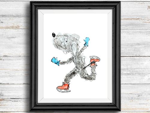 Whimsical, quirky dog art print - dog ice skating , A4