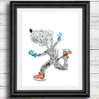 Skurriler, schrulliger Hunde-Kunstdruck – Hunde-Eislaufen, A4