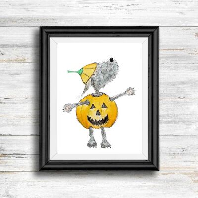 Whimsical, quirky dog art print - dog wearing a pumpkin suit , A4