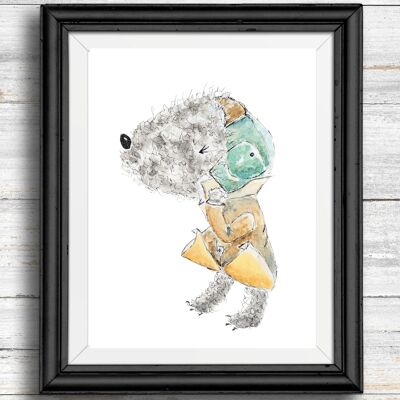 Whimsical, quirky dog art print - dog in a jacket , A4