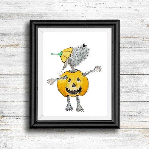 Whimsical, quirky dog art print - dog wearing a pumpkin suit , A5