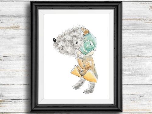 Whimsical, quirky dog art print - dog in a jacket , A5