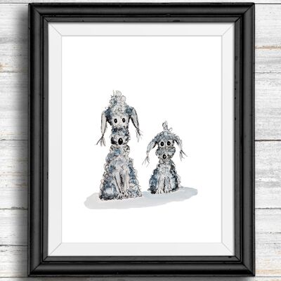 Whimsical, quirky dog art print - two grey dogs , A4