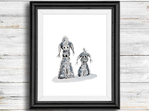 Whimsical, quirky dog art print - two grey dogs , A5