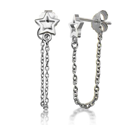 Jwls4u Oorbellen Hanger Open Star with chain Silver JE024S