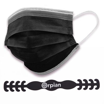 Medizinische Gesichtsmasken Typ IIR – Orpian® – 30 Masken & 10 Easi-Fit-Bänder (Schwarz)