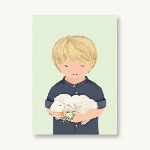 Postkarte Frühling - Junge mit Lamm