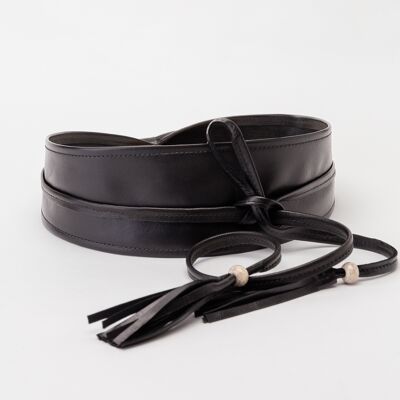 Pom-Pom Black Leather Boho Belt