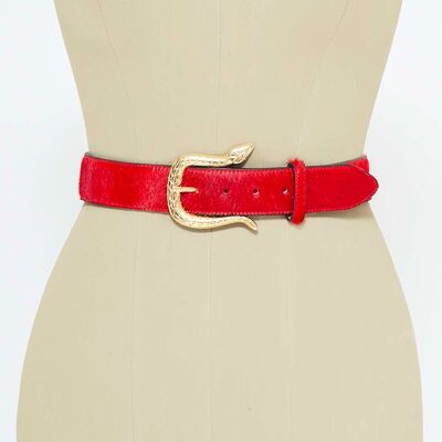 Cobra Buckle Red Fur Leather Belt